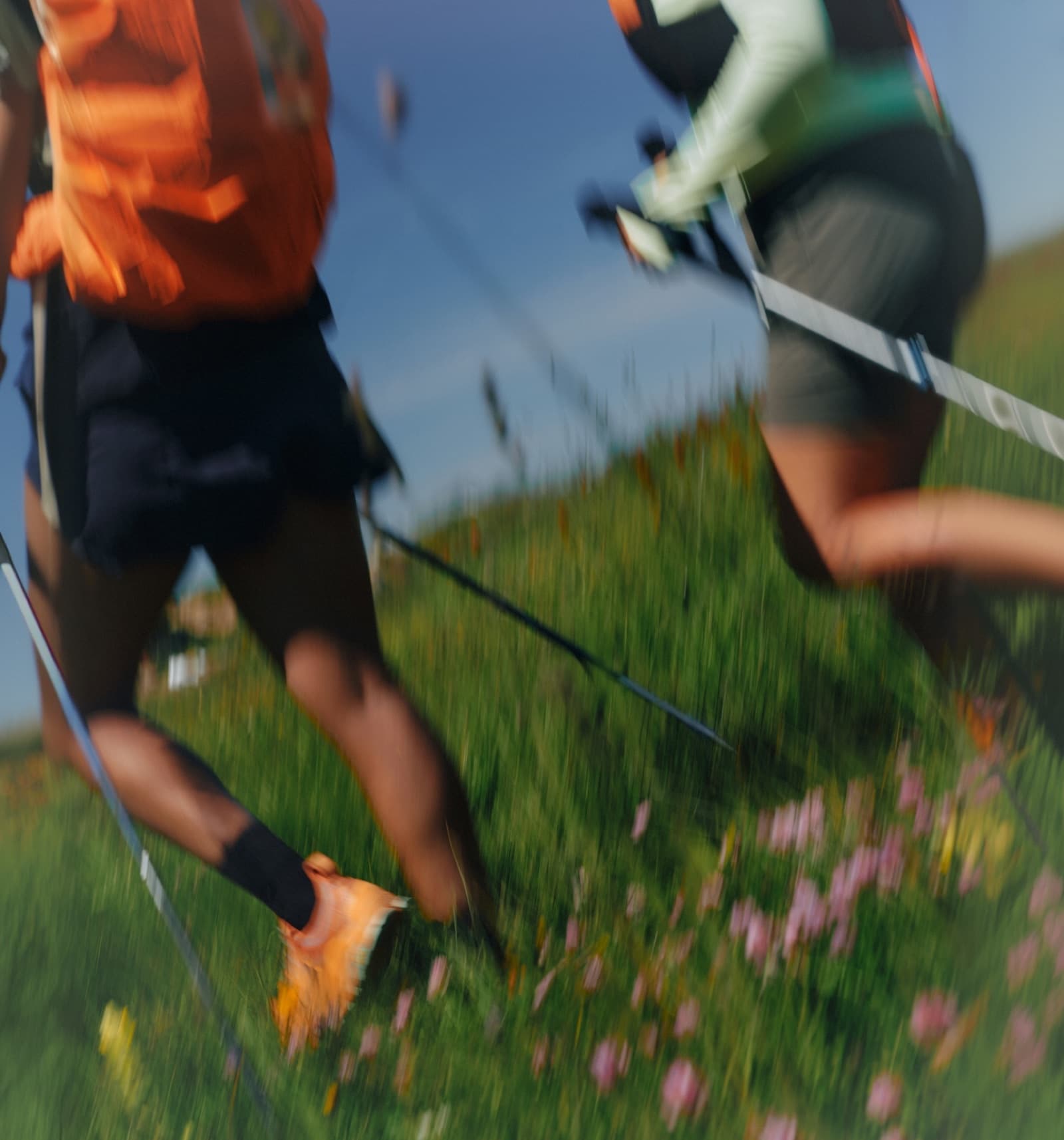 Trail runners racing through a meadow